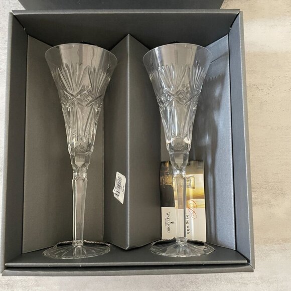 Waterford Gresham Box Set Two Crystal Champagne Toasting Flutes Germany Vintage - Picture 2 of 8